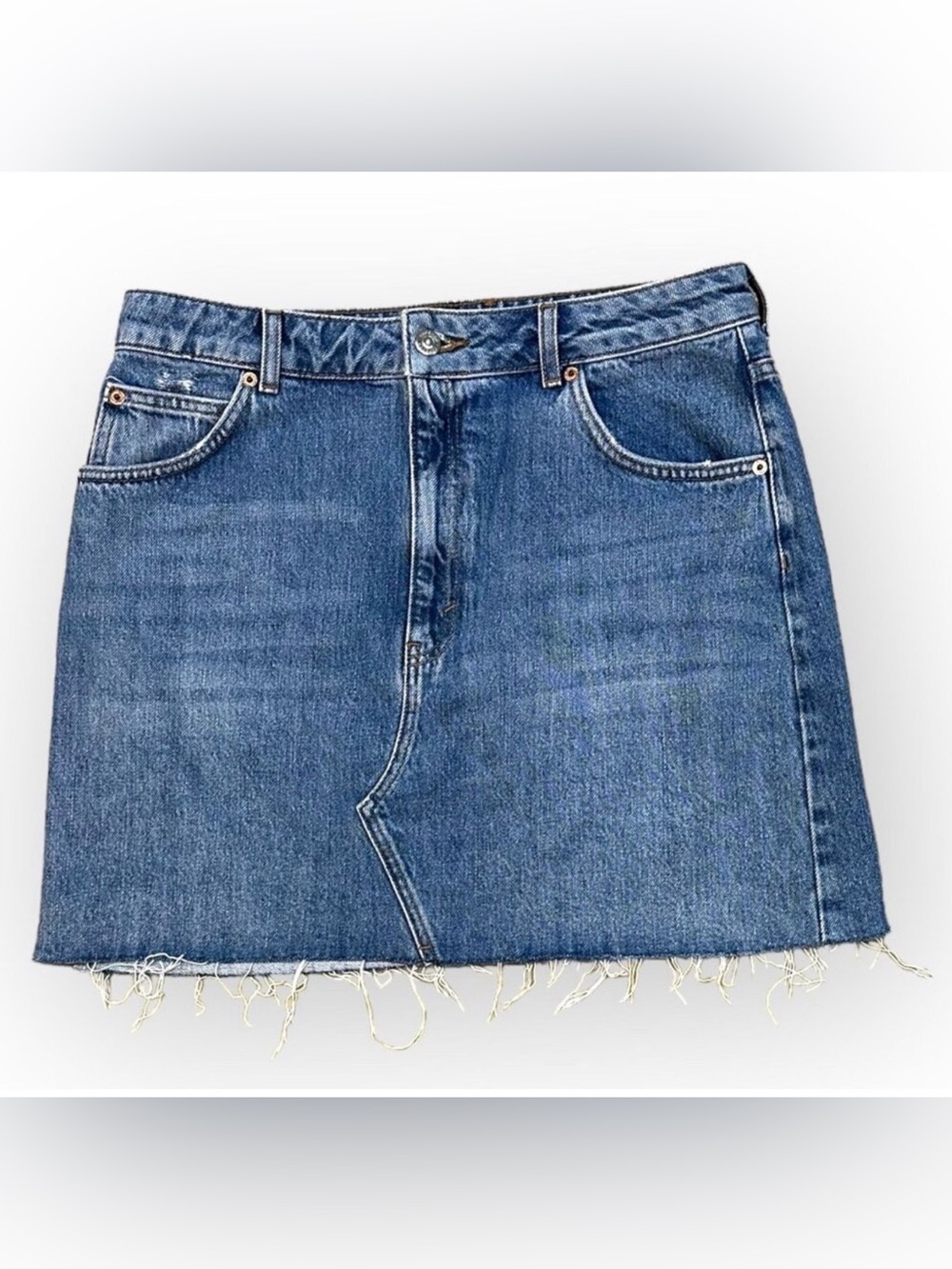 Topshop High Waisted Denim Mini Skirt Raw Hem Blue